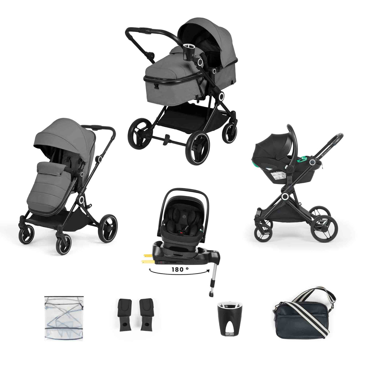 Atom 9 Piece Travel System with i-Size Nimbus Car Seat & Spin ISOFIX Base