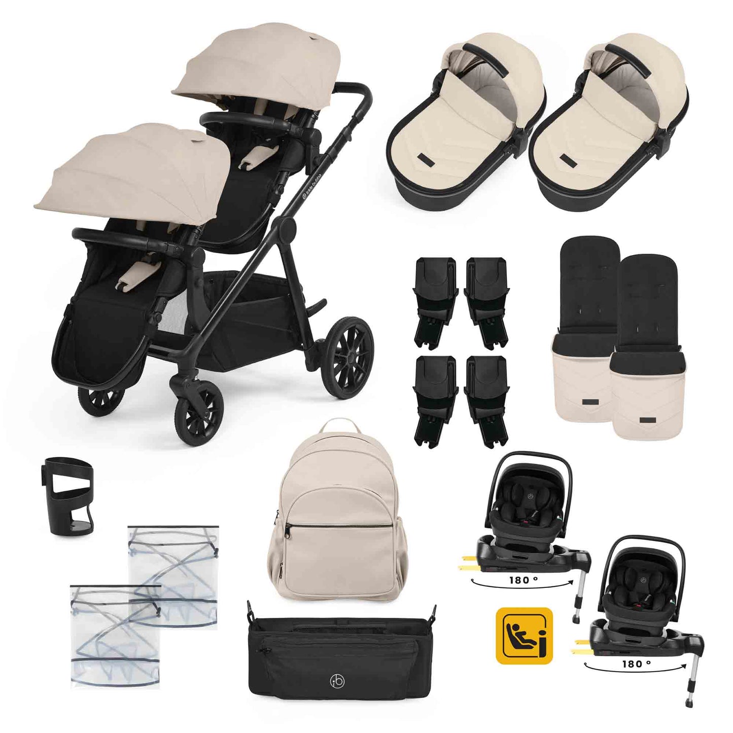 Virgo Twin 18 Piece Travel System with i-Size Nimbus Car Seats & Spin ISOFIX Bases