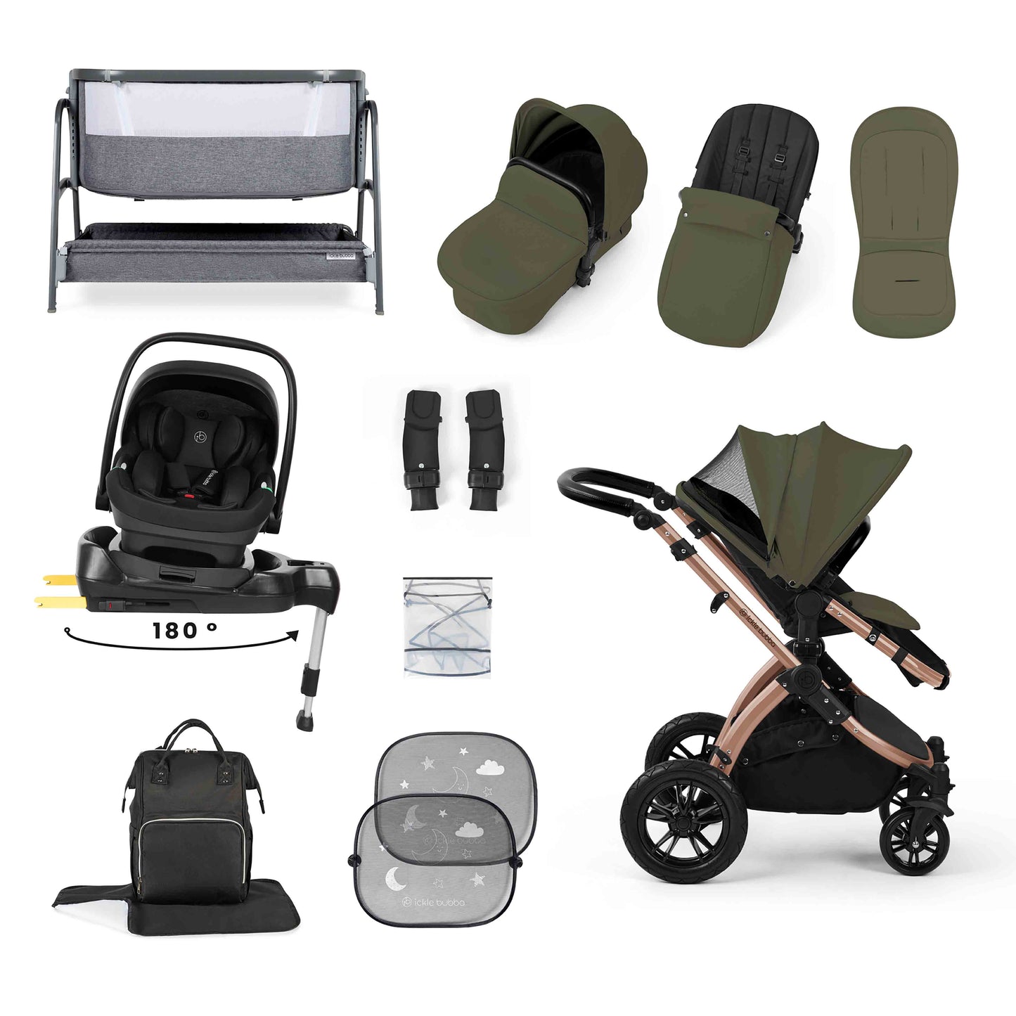 Stomp Luxe Nimbus 180° Spin I-Size Travel System & Home 14 Piece Bundle