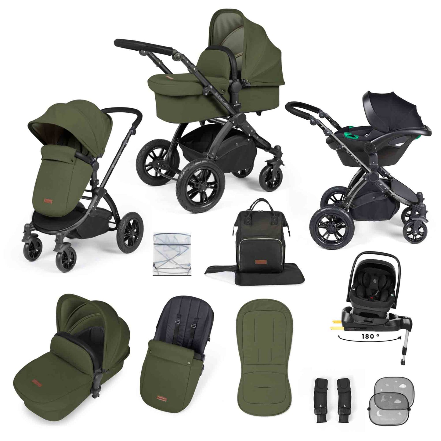 Stomp Luxe 12 Piece Travel System with i-Size Nimbus 180° Spin Car Seat & ISOFIX Base