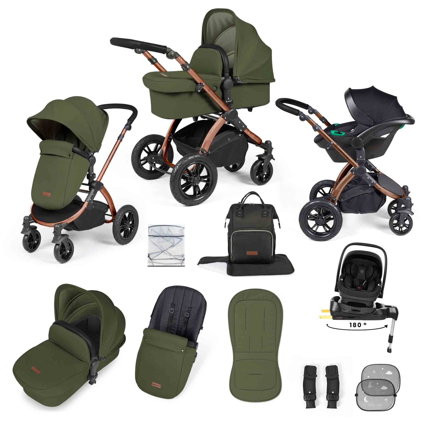 Stomp Luxe 12 Piece Travel System with i-Size Nimbus 180° Spin Car Seat & ISOFIX Base