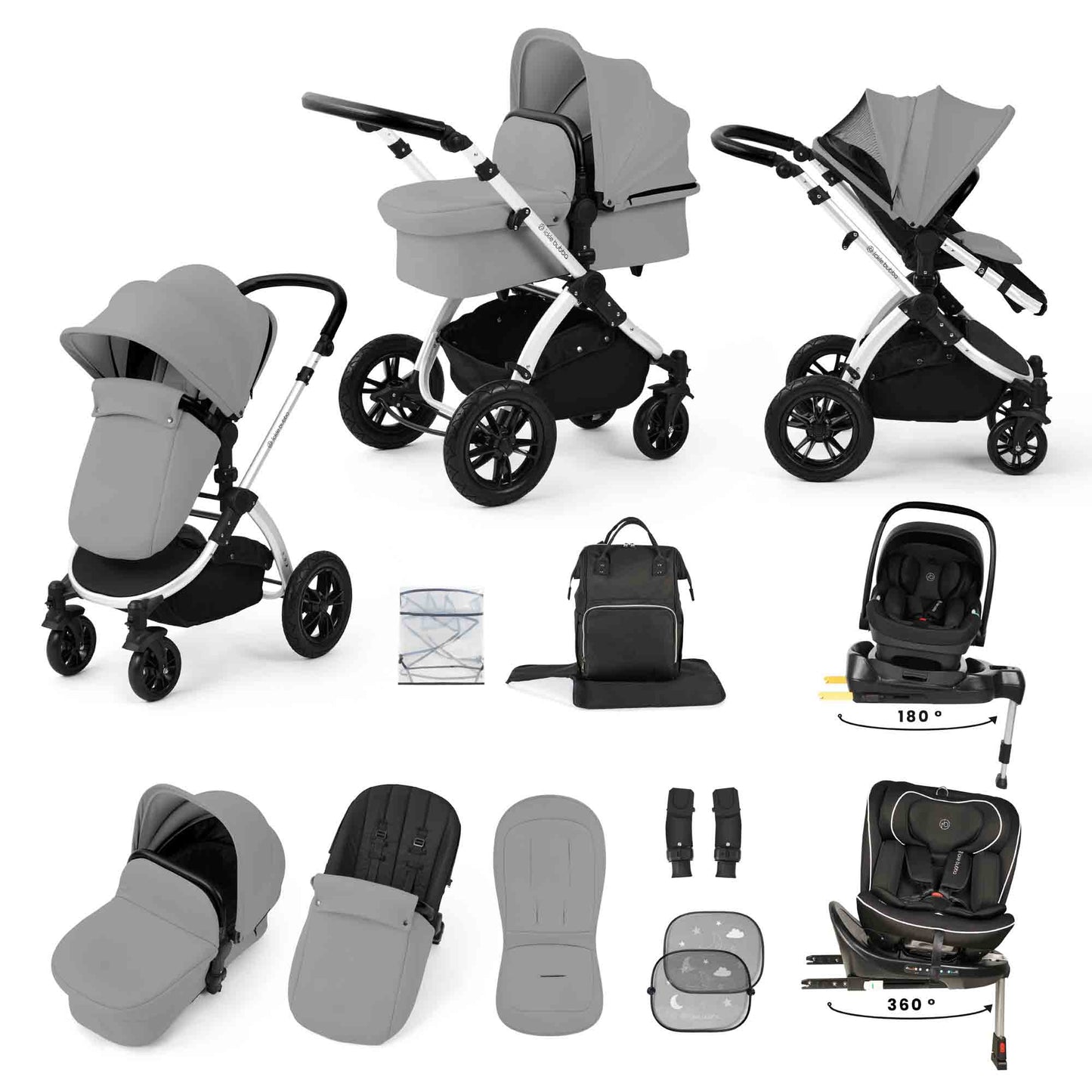 Stomp Luxe 13 Piece Travel Bundle with Nimbus i-Size 180 Spin and Radial i-Size Plus 360 Spin Car Seats & ISOFIX Base