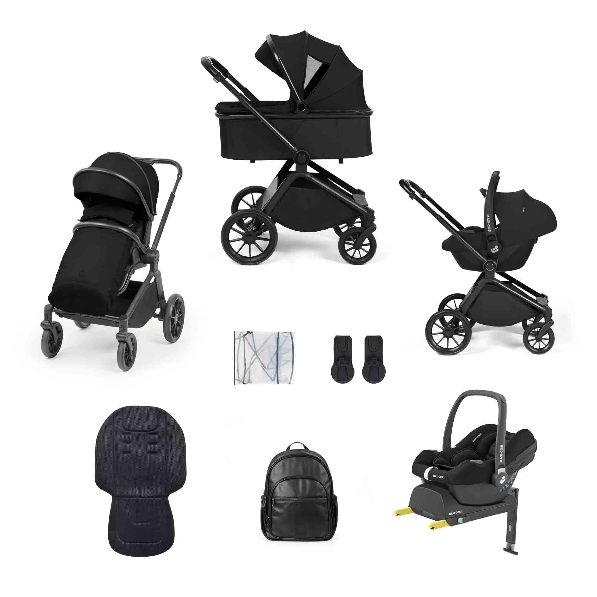 Altima All Black 12 Piece Travel System with Maxi-Cosi Cabriofix i-Size Car Seat & ISOFIX base with accessories on a white background