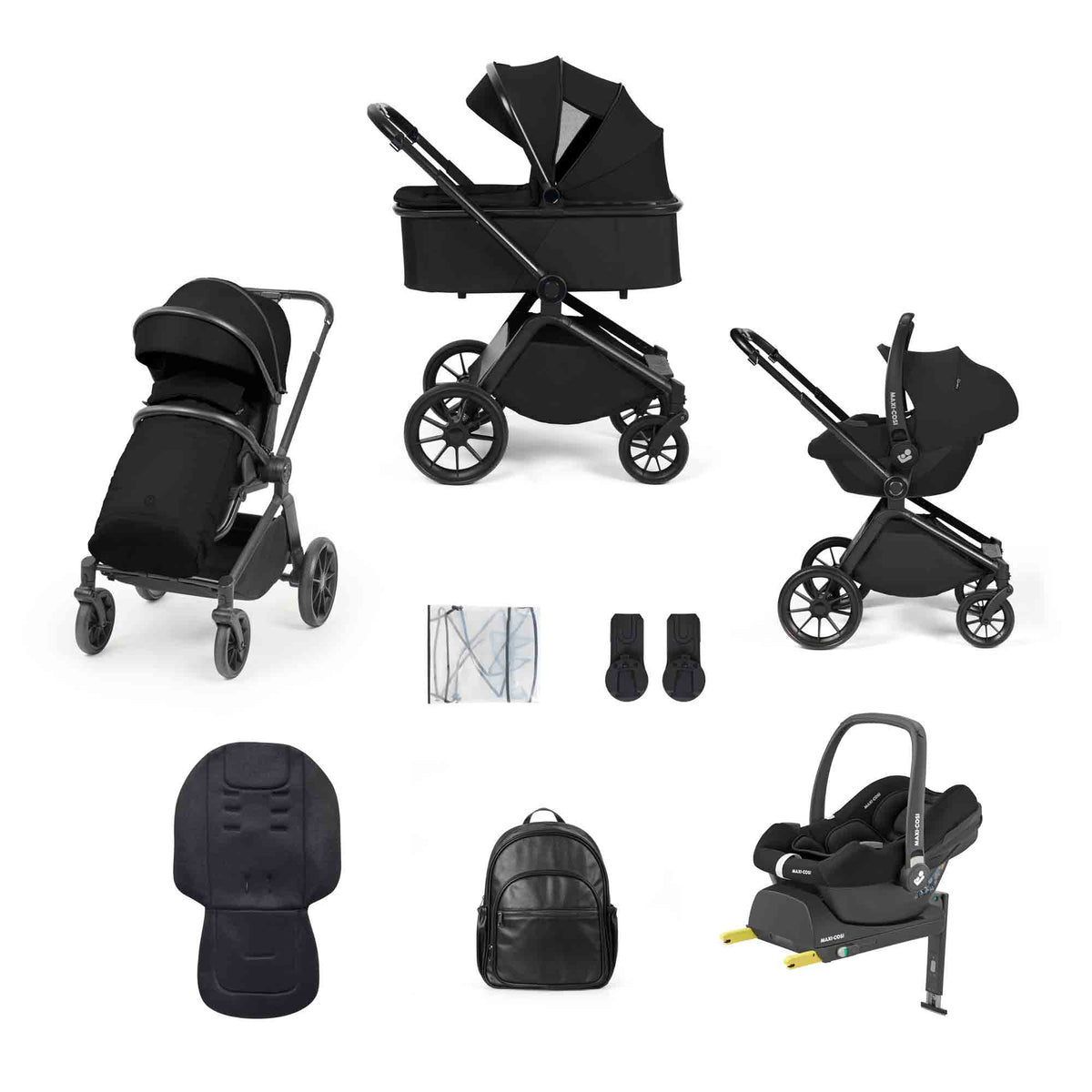 Altima All Black 12 Piece Travel System with Maxi-Cosi Cabriofix i-Size Car Seat & ISOFIX base with accessories on a white background