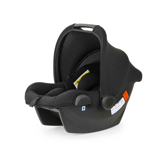 Black baby car seat on a white background