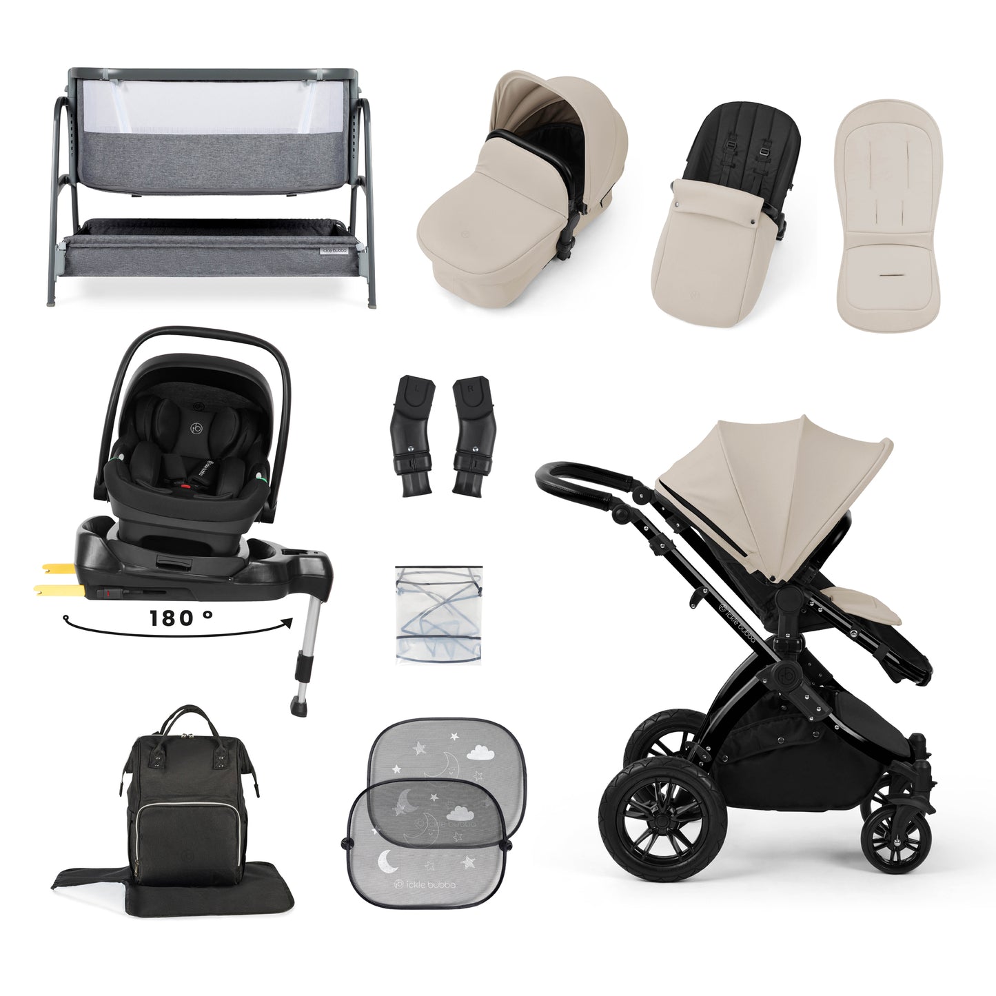 Stomp Luxe Nimbus 180° Spin I-Size Travel System & Home 14 Piece Bundle 