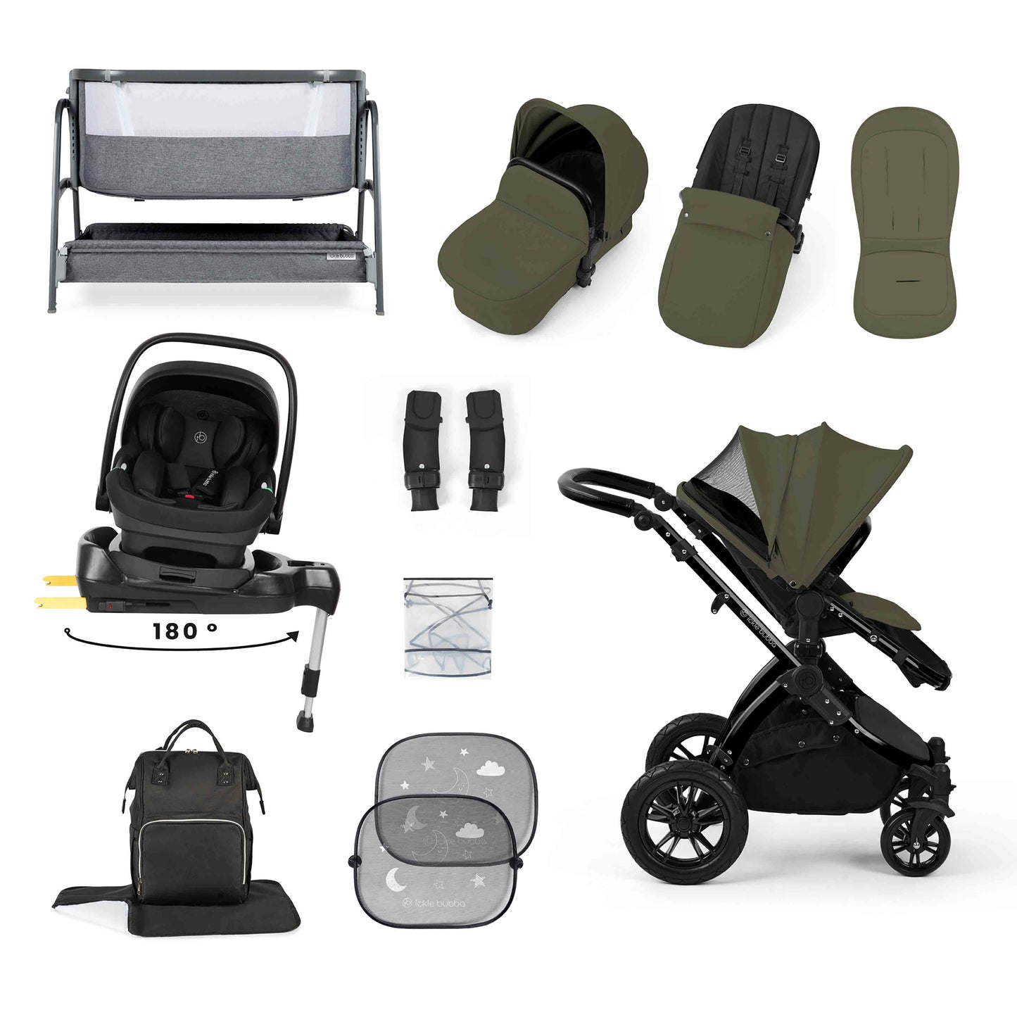 Stomp Luxe Nimbus 180° Spin I-Size Travel System & Home 14 Piece Bundle 