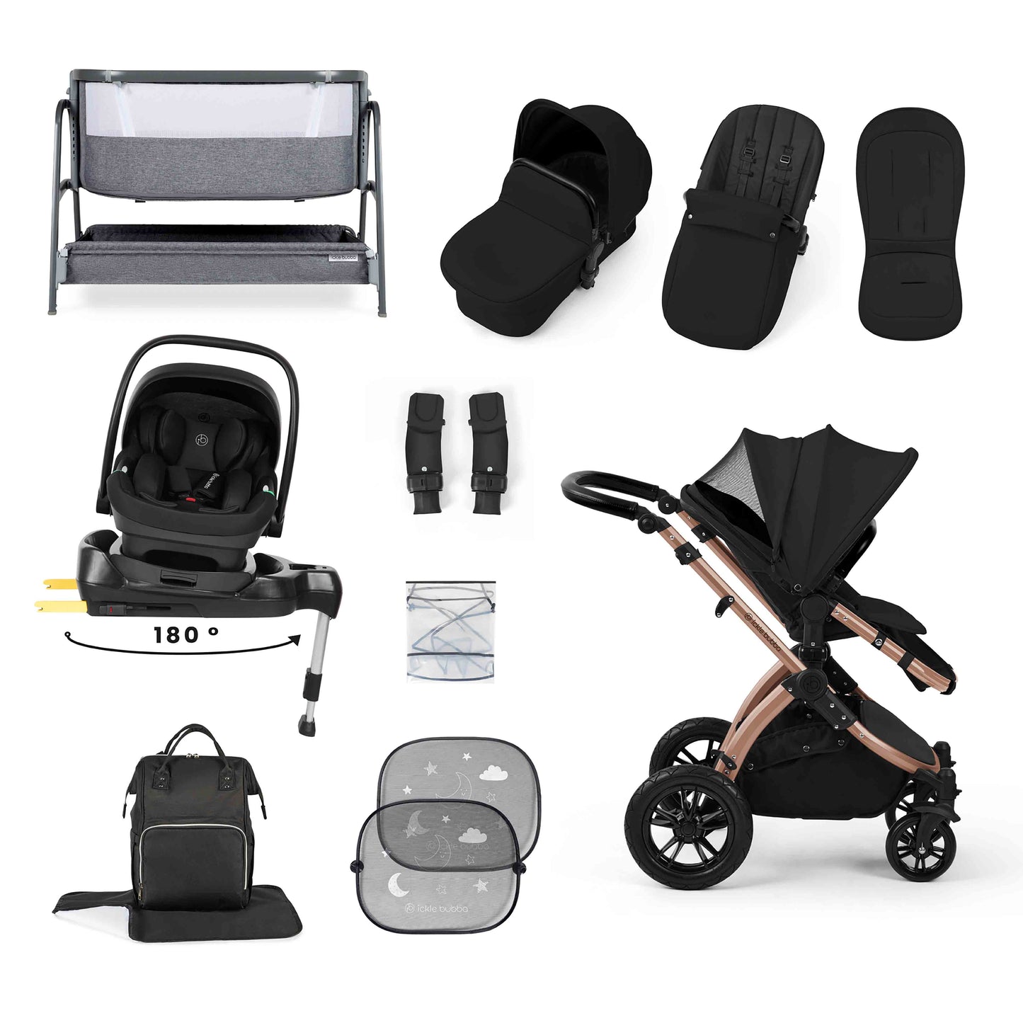 Stomp Luxe Nimbus 180° Spin I-Size Travel System & Home 14 Piece Bundle 