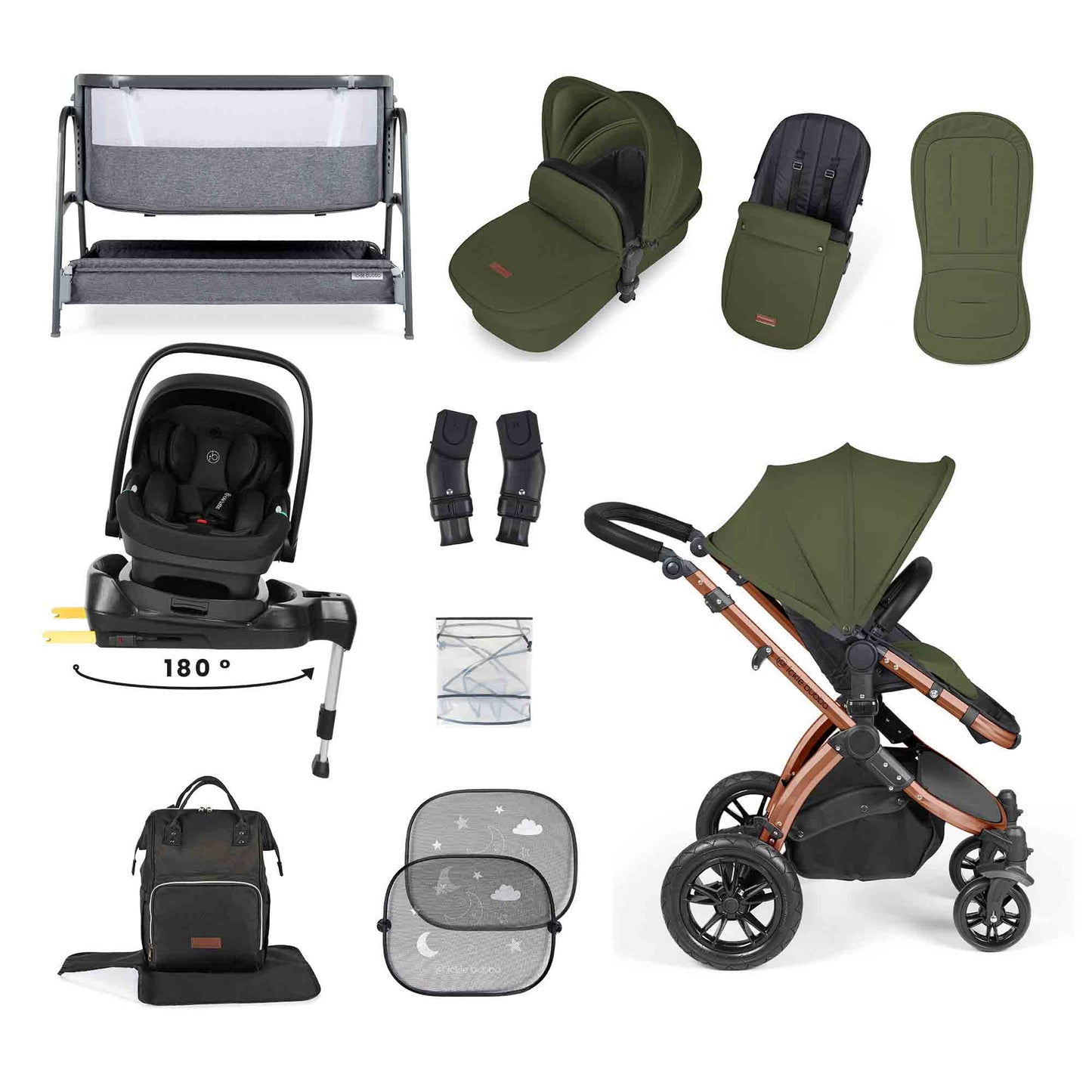 Stomp Luxe Nimbus 180° Spin I-Size Travel System & Home 14 Piece Bundle 