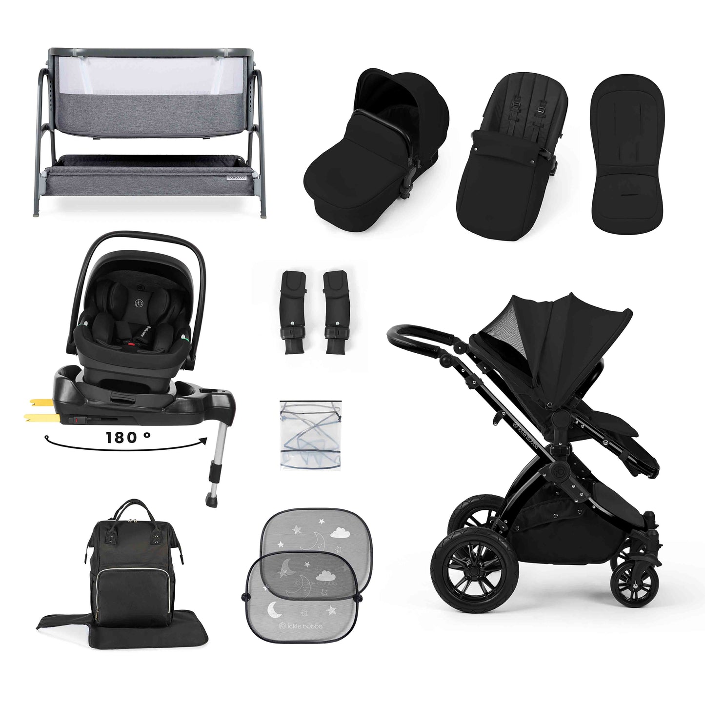 Stomp Luxe Nimbus 180° Spin I-Size Travel System & Home 14 Piece Bundle 