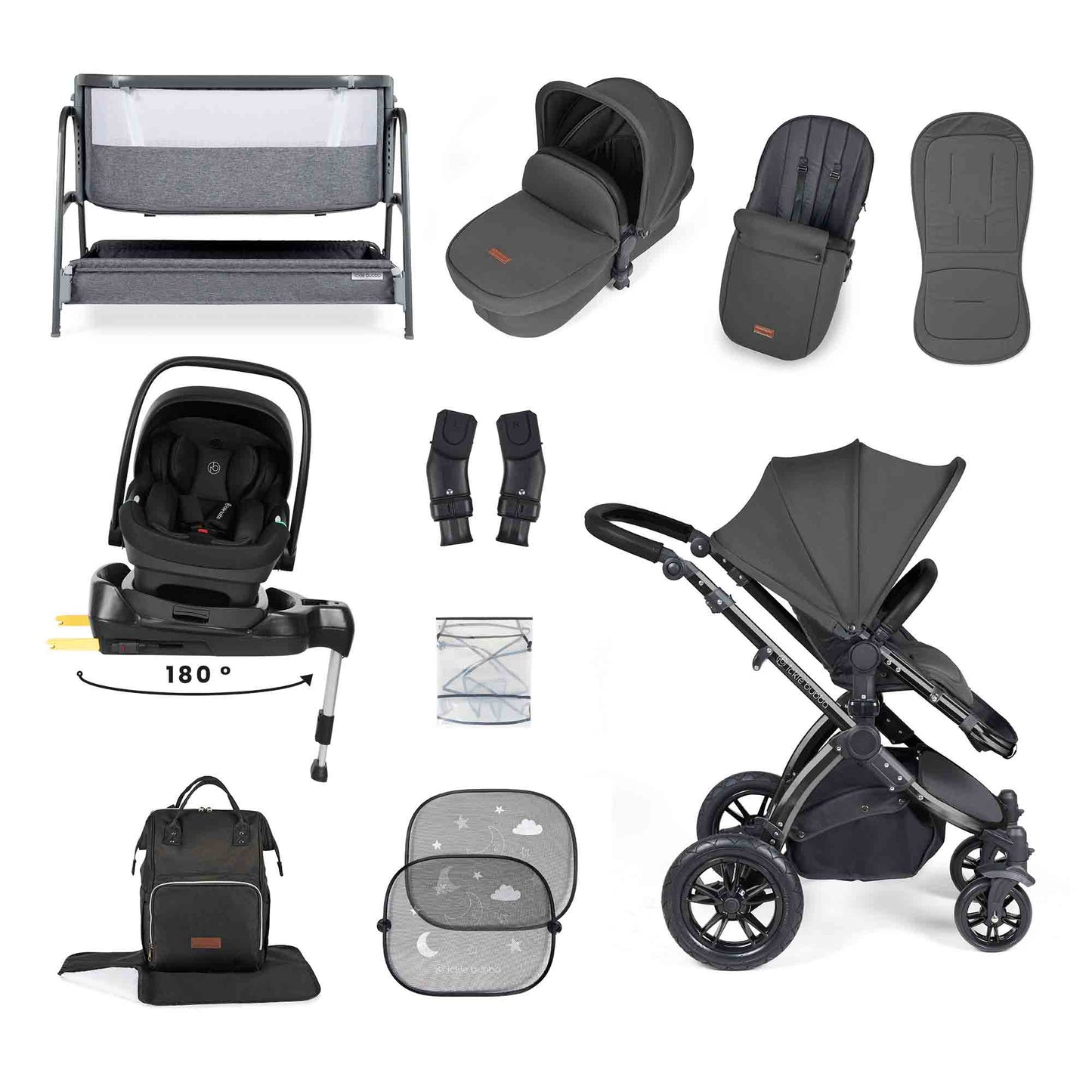 Stomp Luxe Nimbus 180° Spin I-Size Travel System & Home 14 Piece Bundle 