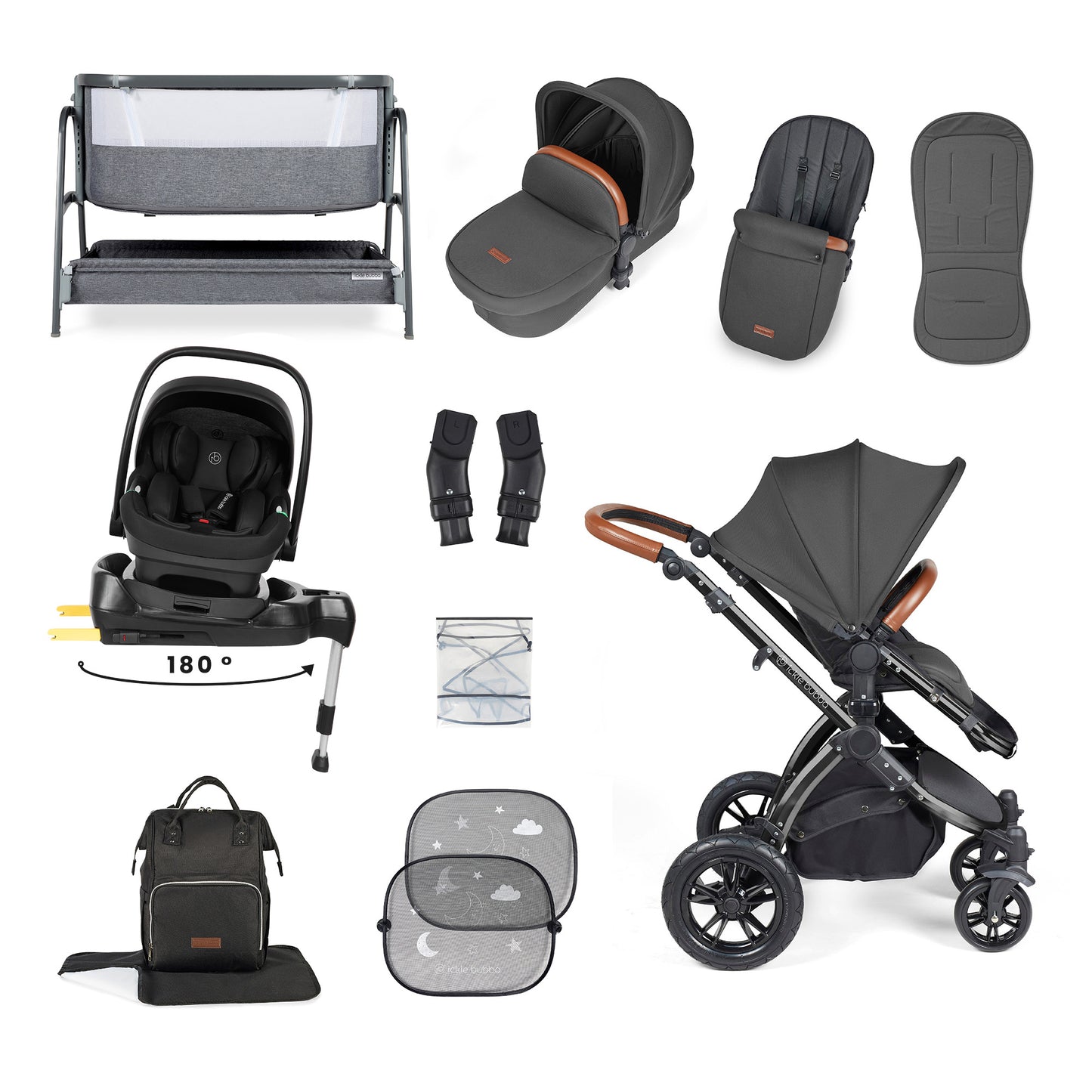 Stomp Luxe Nimbus 180° Spin I-Size Travel System & Home 14 Piece Bundle 