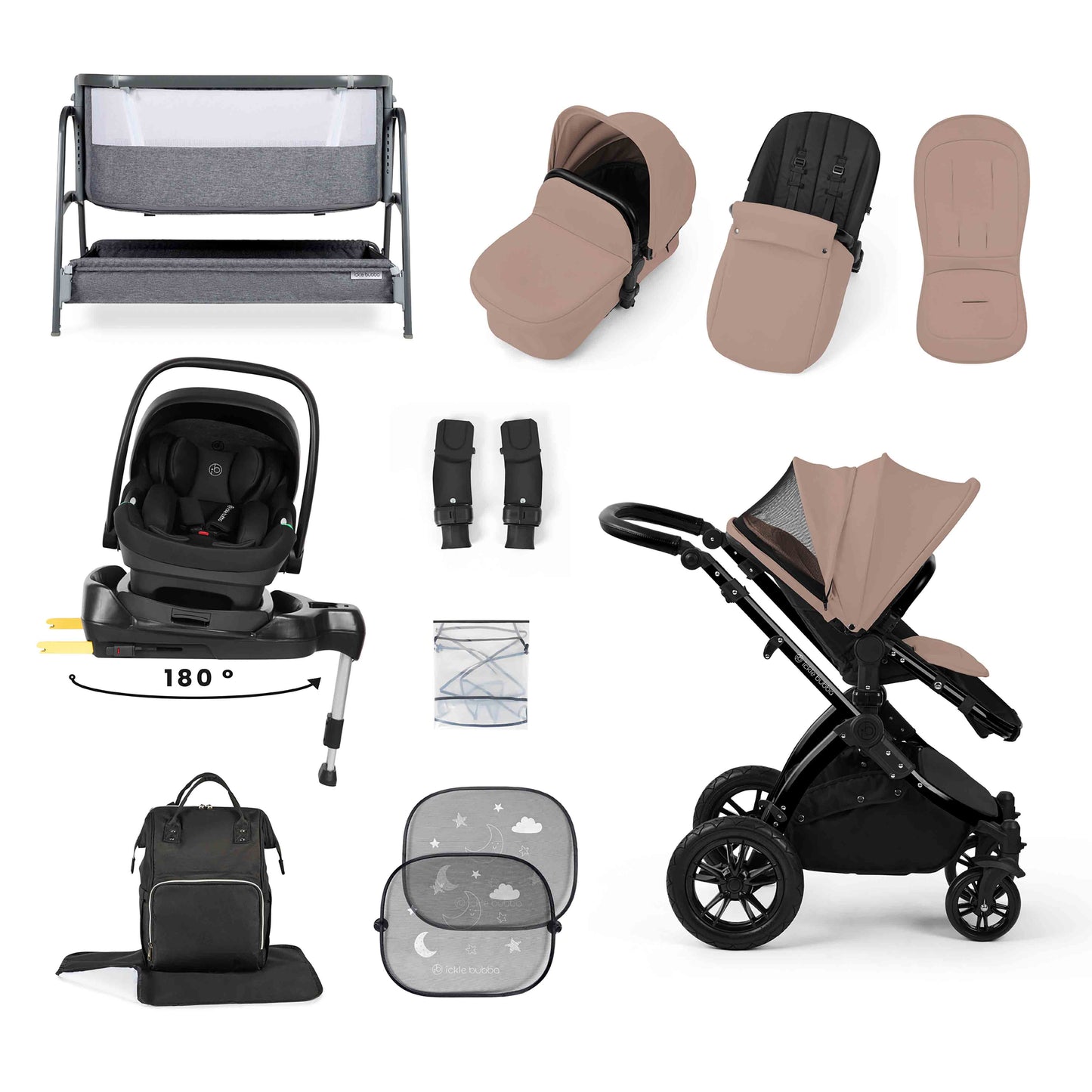 Stomp Luxe Nimbus 180° Spin I-Size Travel System & Home 14 Piece Bundle 