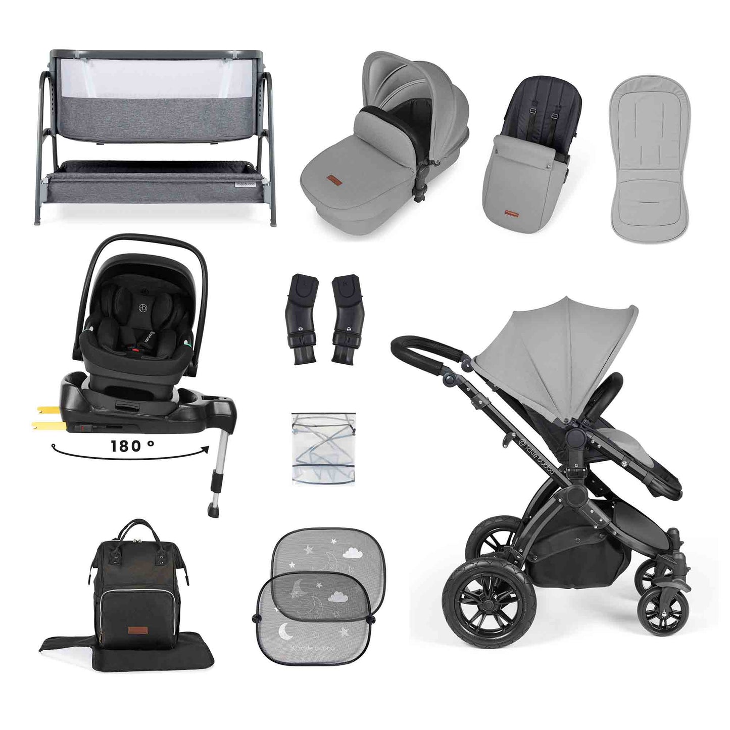 Stomp Luxe Nimbus 180° Spin I-Size Travel System & Home 14 Piece Bundle 