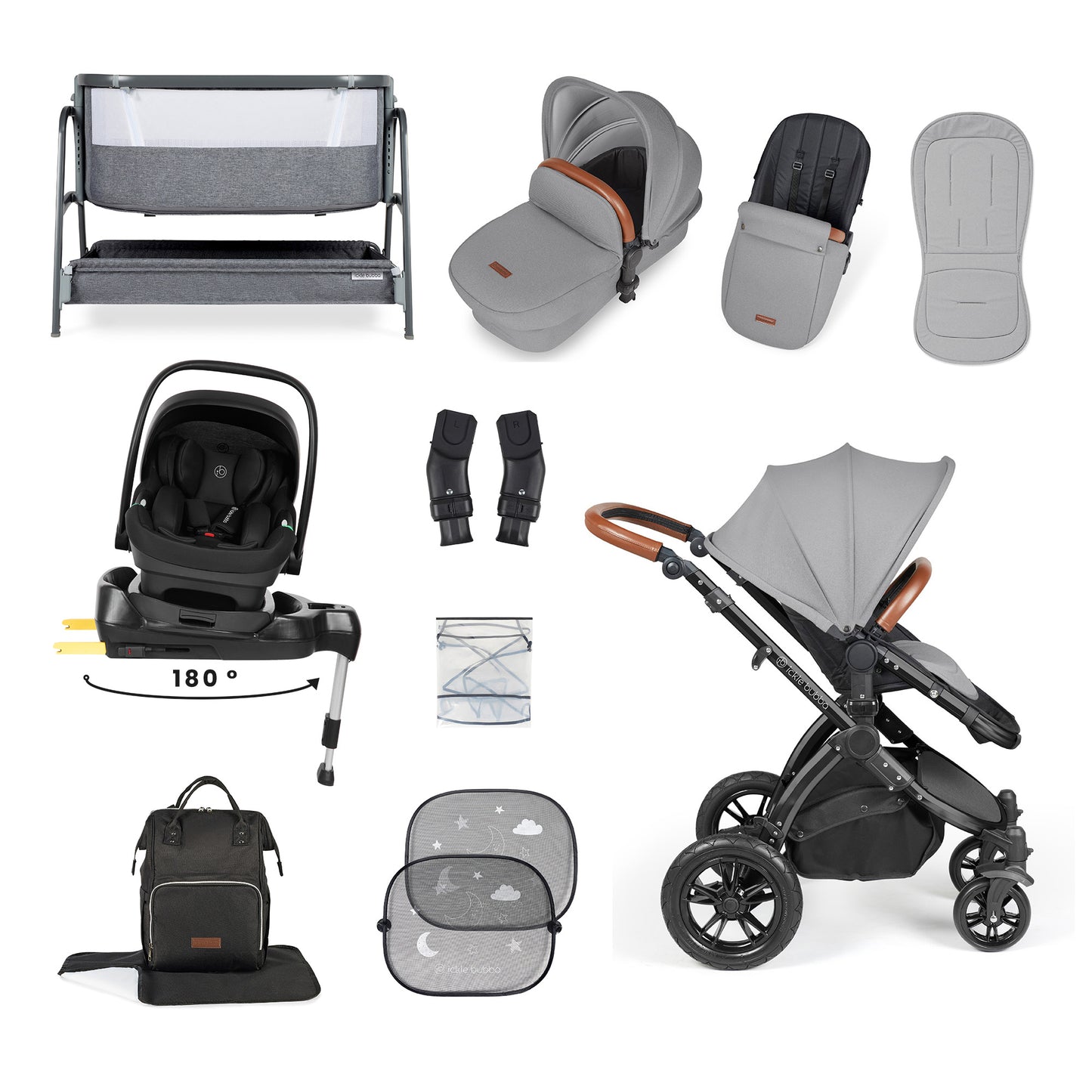 Stomp Luxe Nimbus 180° Spin I-Size Travel System & Home 14 Piece Bundle 