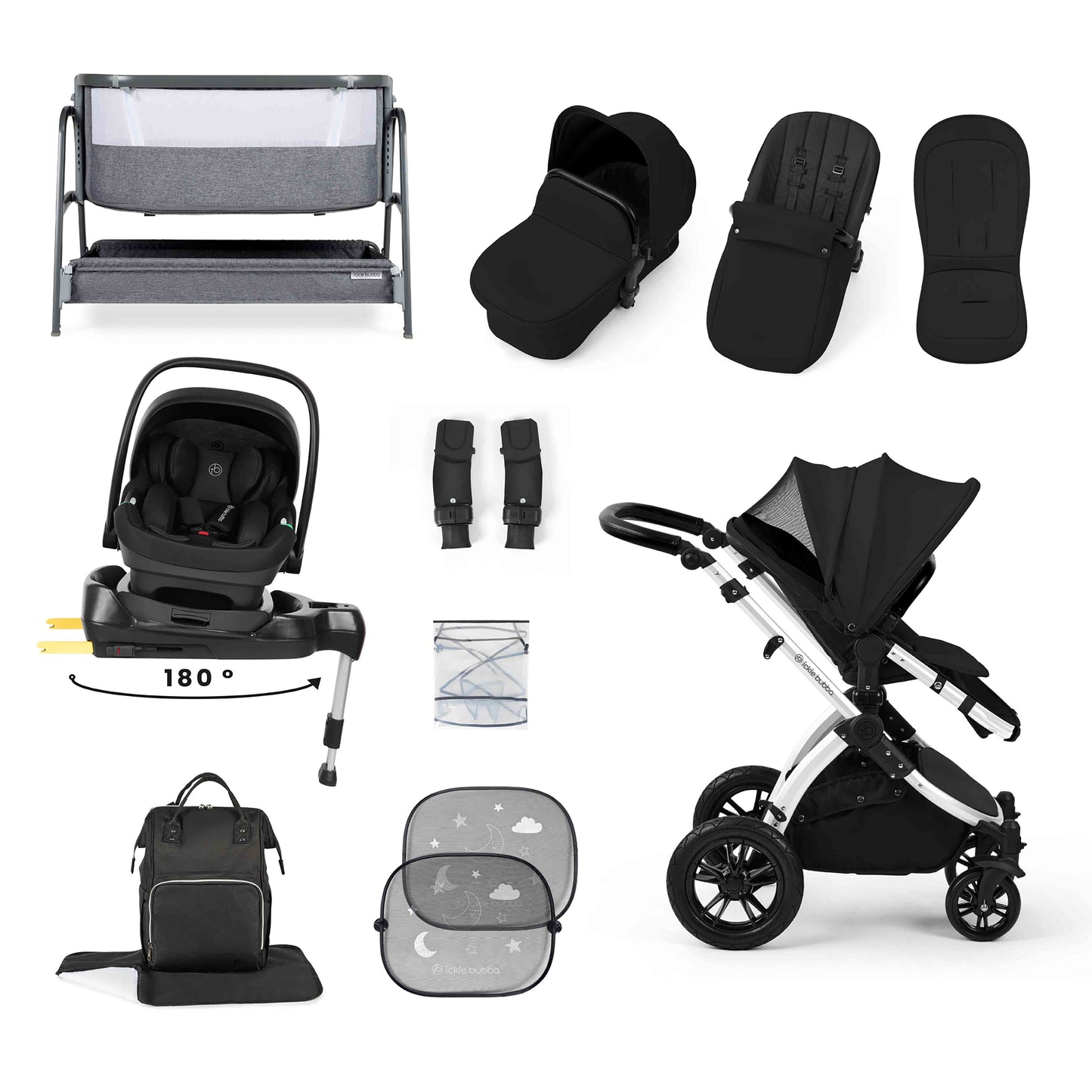 Stomp Luxe Nimbus 180° Spin I-Size Travel System & Home 14 Piece Bundle 