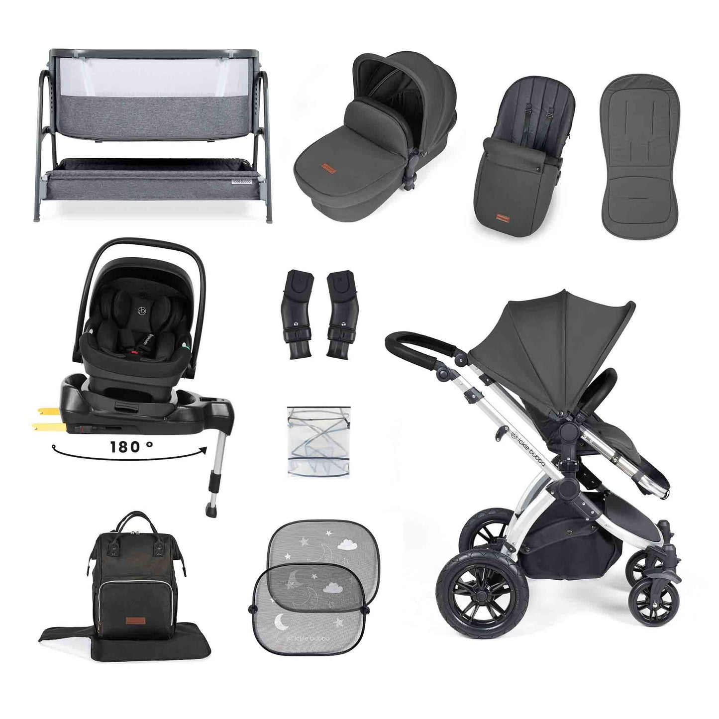 Stomp Luxe Nimbus 180° Spin I-Size Travel System & Home 14 Piece Bundle 