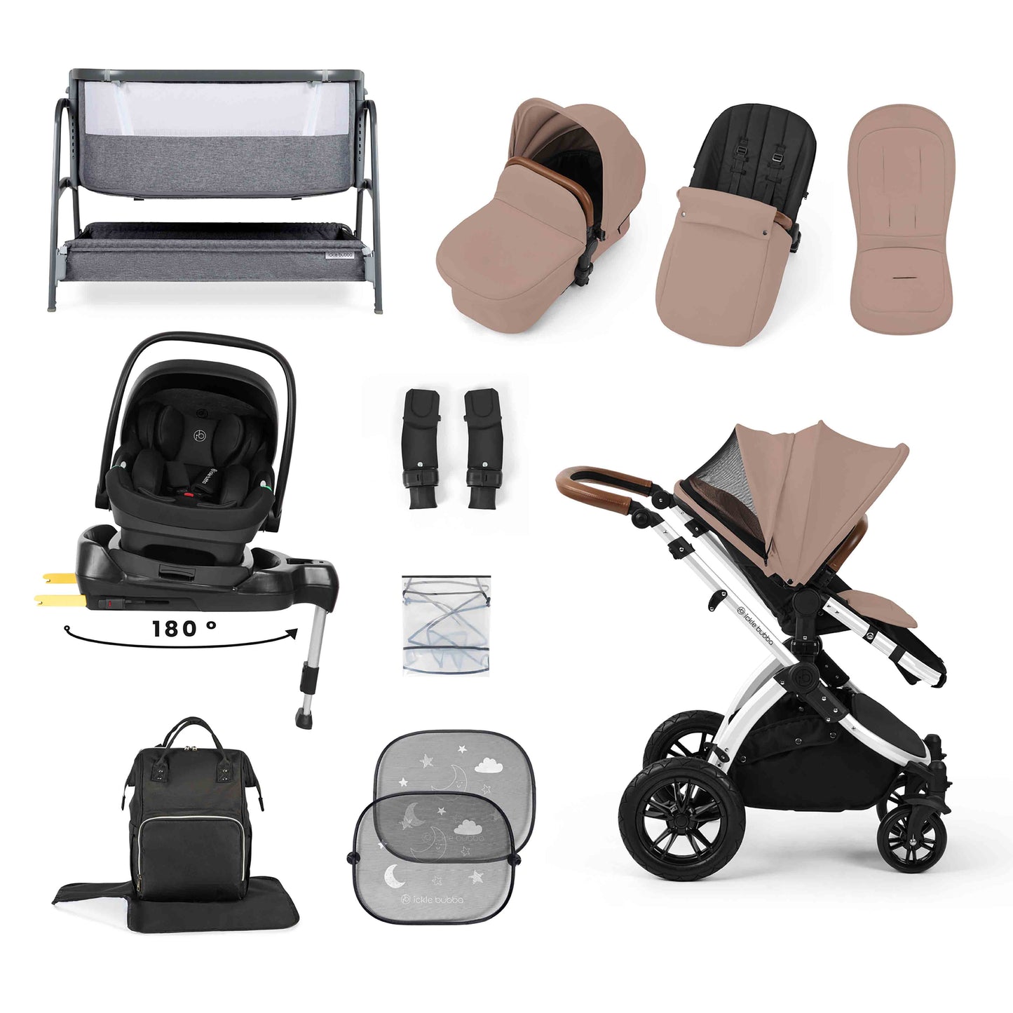 Stomp Luxe Nimbus 180° Spin I-Size Travel System & Home 14 Piece Bundle 