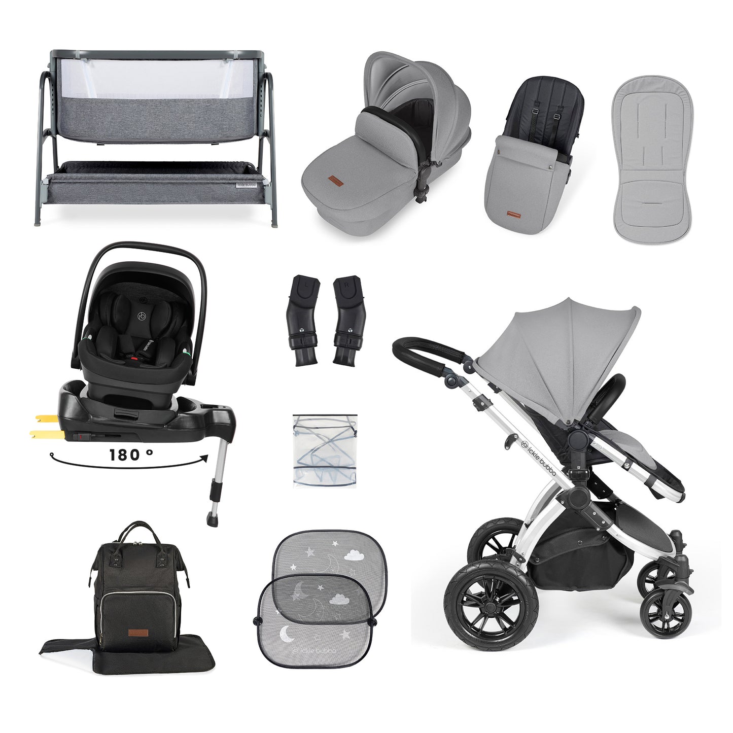 Stomp Luxe Nimbus 180° Spin I-Size Travel System & Home 14 Piece Bundle 