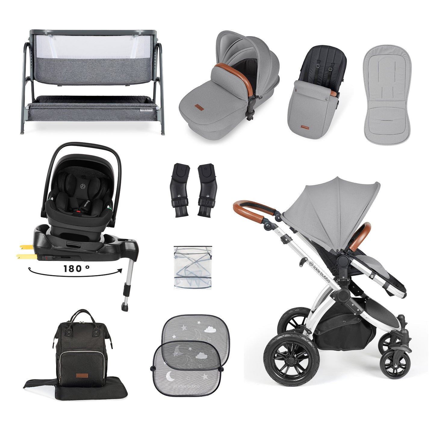 Stomp Luxe Nimbus 180° Spin I-Size Travel System & Home 14 Piece Bundle 