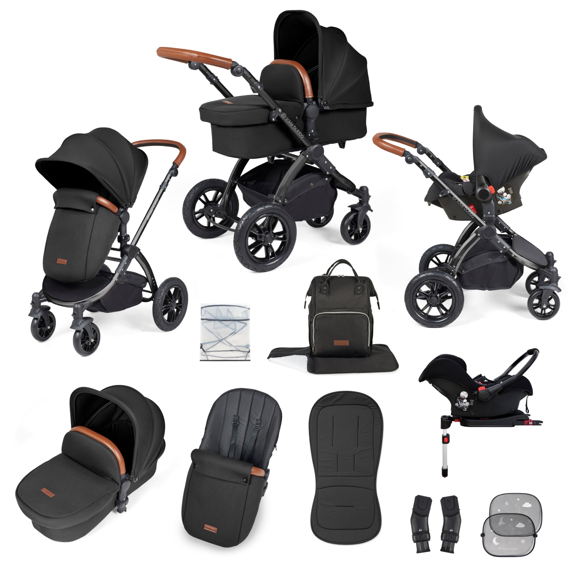 Ickle bubba Stomp Luxe All in One Premium i-Size Travel System with ISOFIX  Base *Pearl Grey - Tan handle - EMAIL FOR STOCK LEVEL